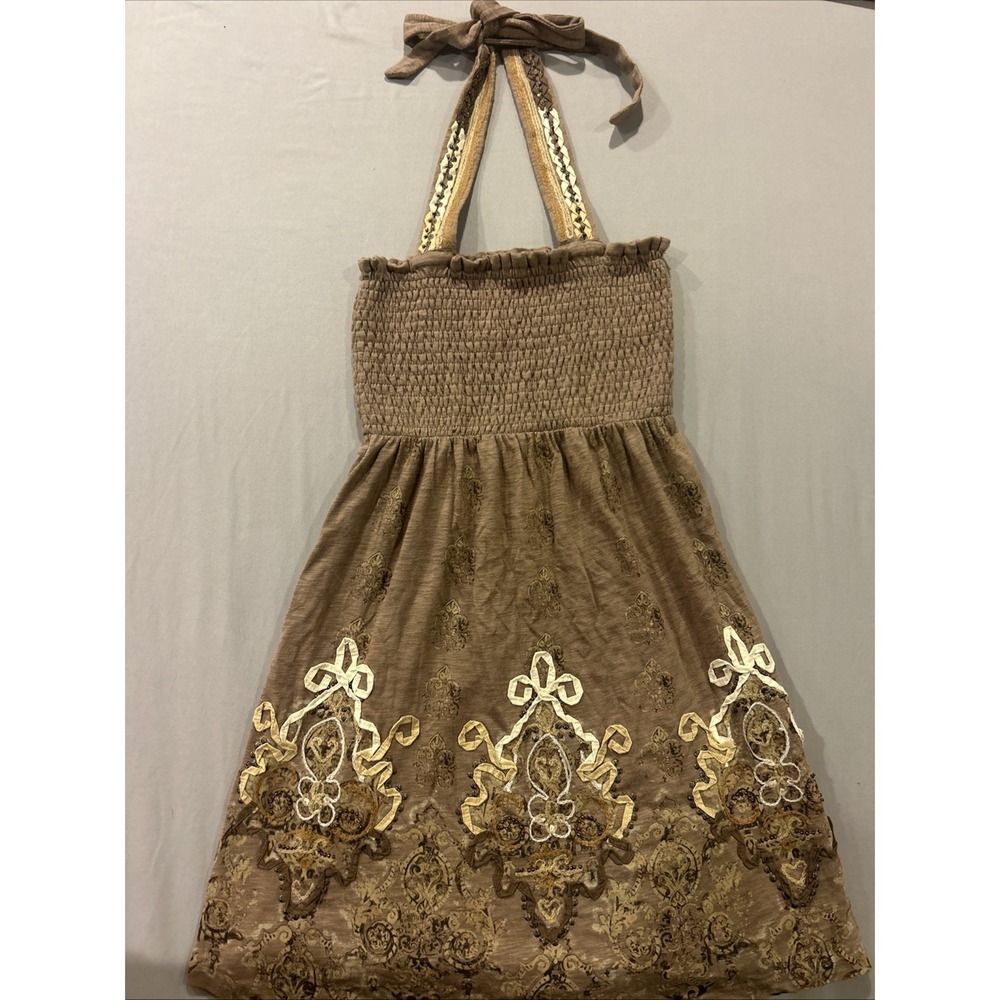 LULUMARI ANTHROPOLOGIE taupe Brown Embroidered Floral Cotton Halter Mini Dress S